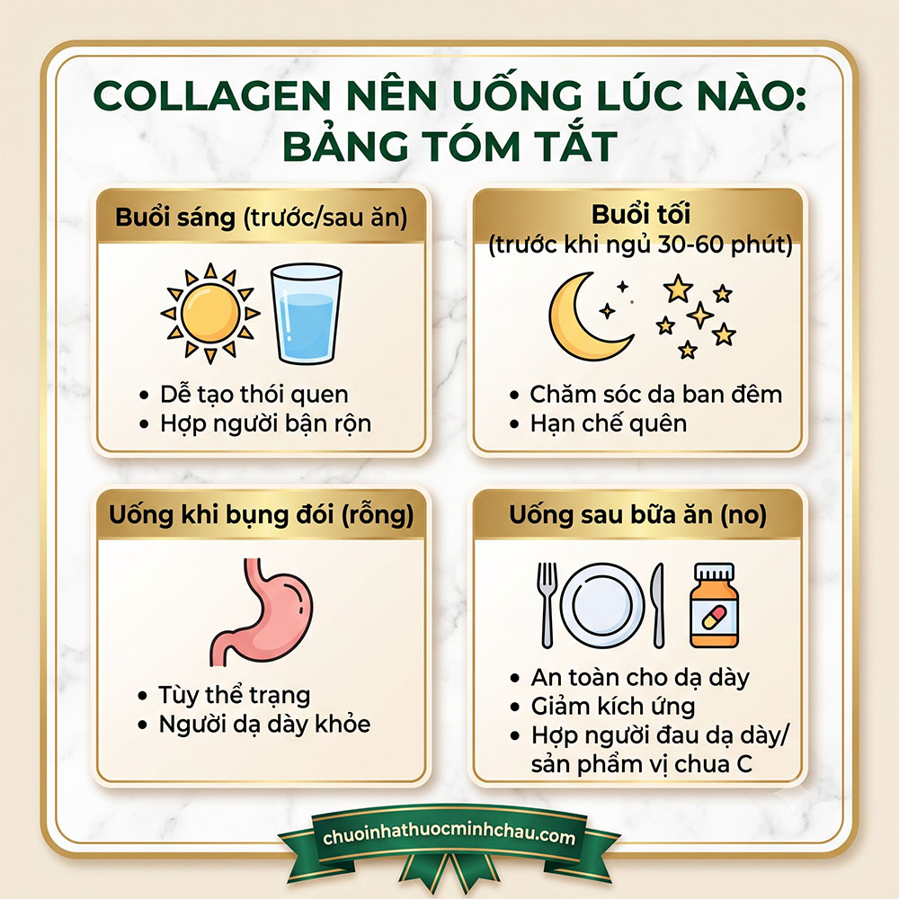 Collagen nên uống lúc nào bảng tóm tắt thời điểm uống sáng tối trước hay sau bữa ăn an toàn dạ dày