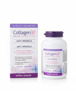 Hộp và lọ viên uống Collagen30 Anti-Wrinkle Webber Naturals 180 tablets chính hãng Canada hỗ trợ giảm nếp nhăn và tăng độ đàn hồi da
