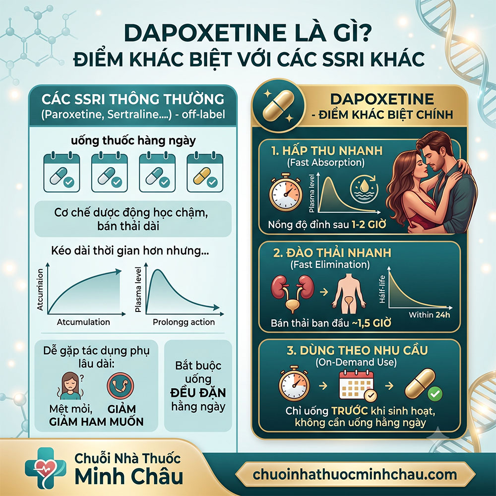 Dapoxetine là gì và điểm khác biệt về dược động học với các thuốc SSRI khác