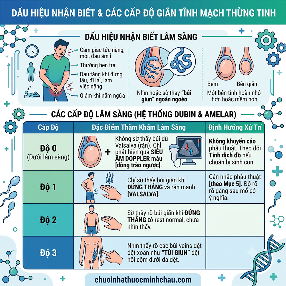 Dấu hiệu nhận biết và các cấp độ giãn tĩnh mạch thừng tinh từ độ 0 đến độ 3 theo hệ thống Dubin Amelar