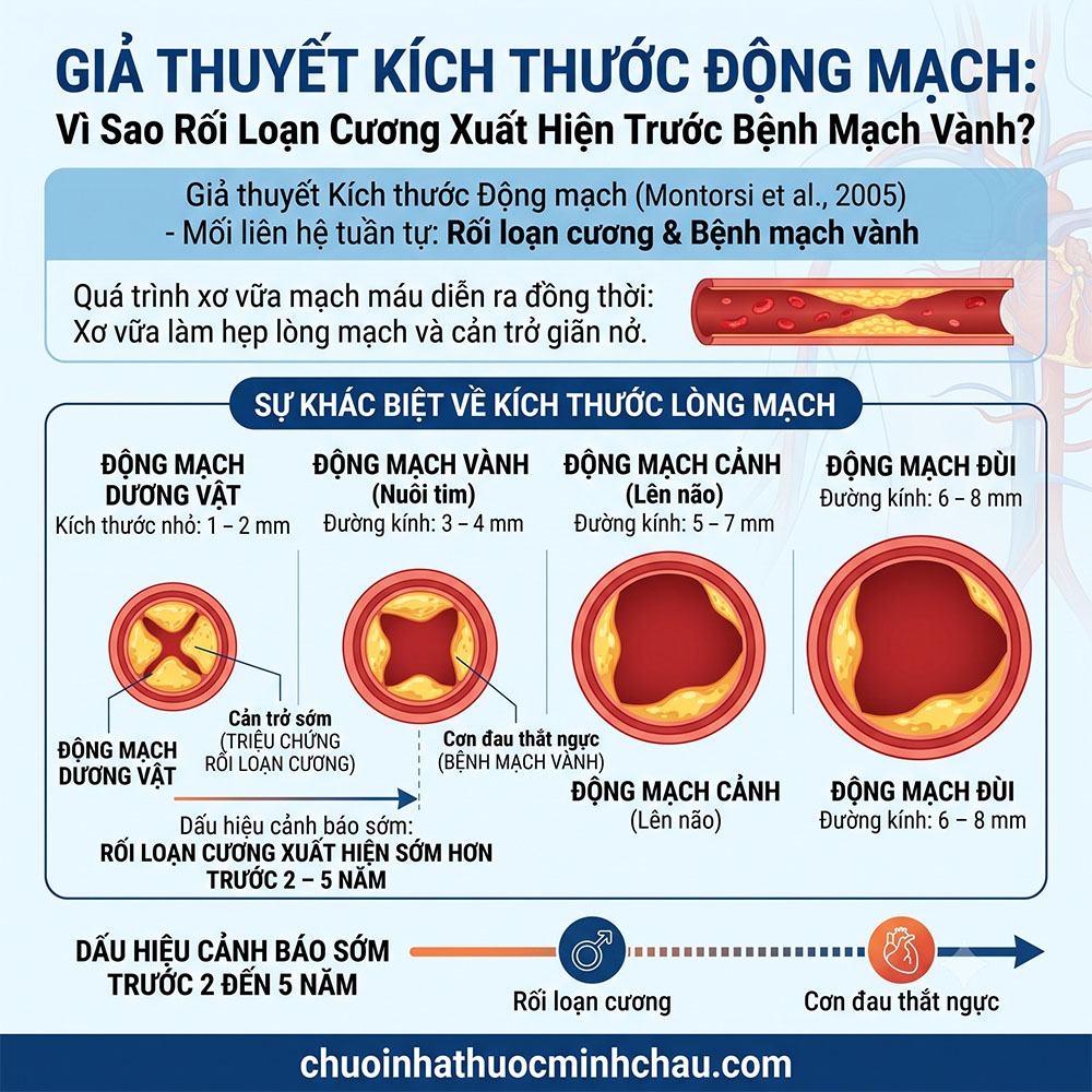 Giả thuyết kích thước động mạch giải thích vì sao rối loạn cương xuất hiện trước bệnh mạch vành từ 2 đến 5 năm
