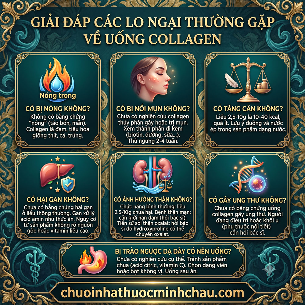 Giải đáp các lo ngại thường gặp về uống collagen: có bị nóng, nổi mụn, tăng cân, hại gan thận, ung thư và trào ngược dạ dày