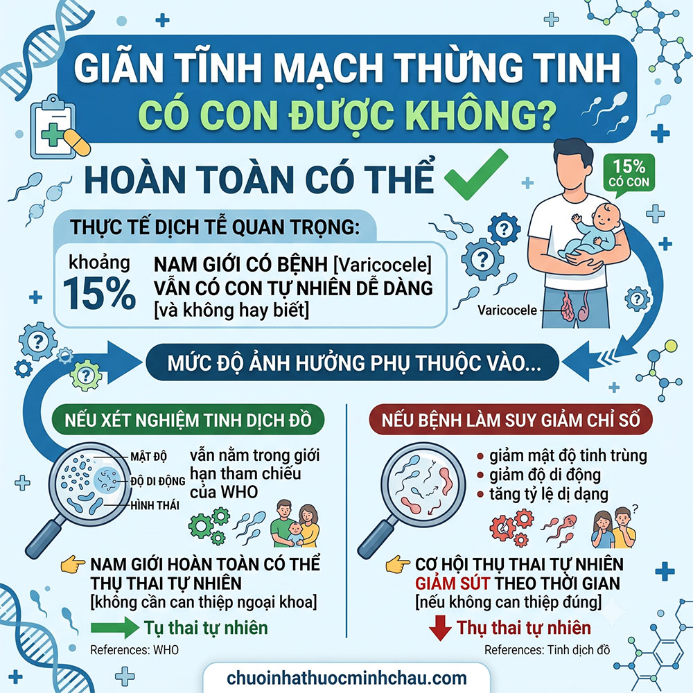 Giãn tĩnh mạch thừng tinh có con được không - Thực tế dịch tễ 15% và đánh giá theo kết quả tinh dịch đồ