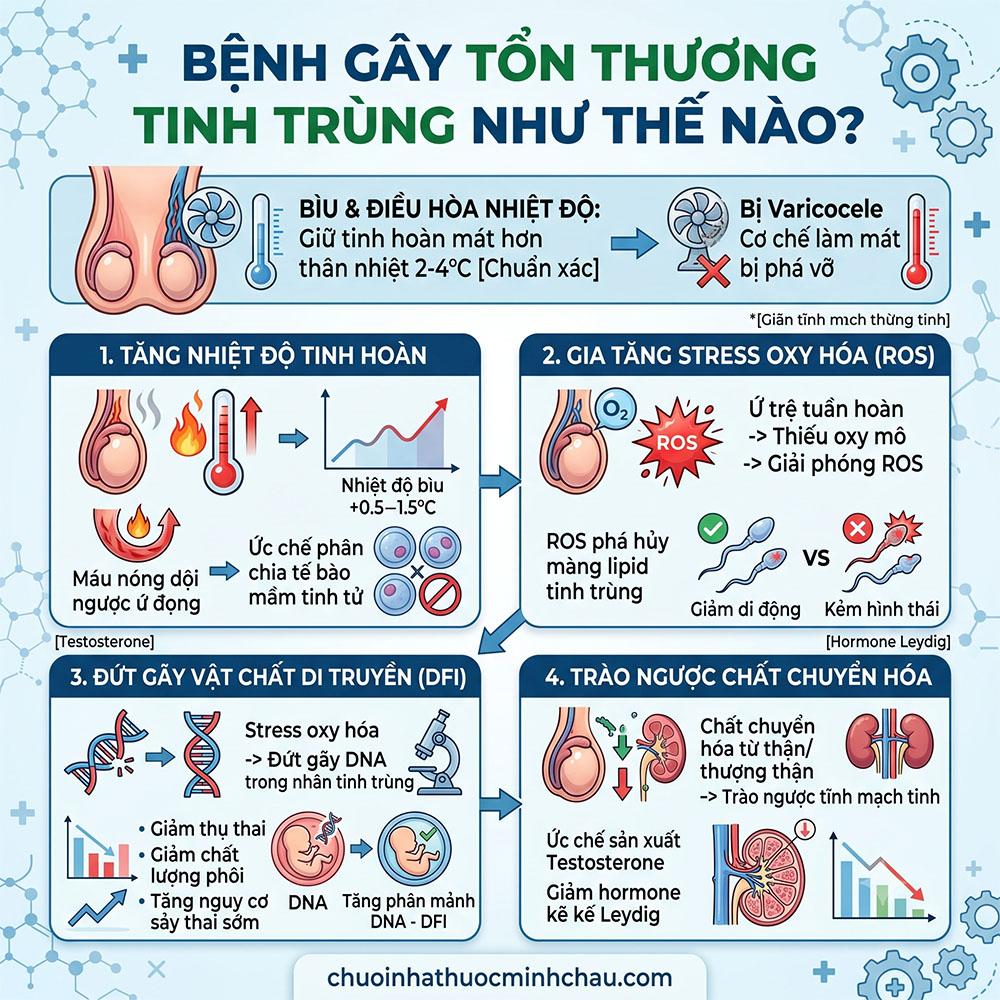 Giãn tĩnh mạch thừng tinh gây tổn thương tinh trùng qua tăng nhiệt độ bìu stress oxy hóa ROS và đứt gãy DNA DFI