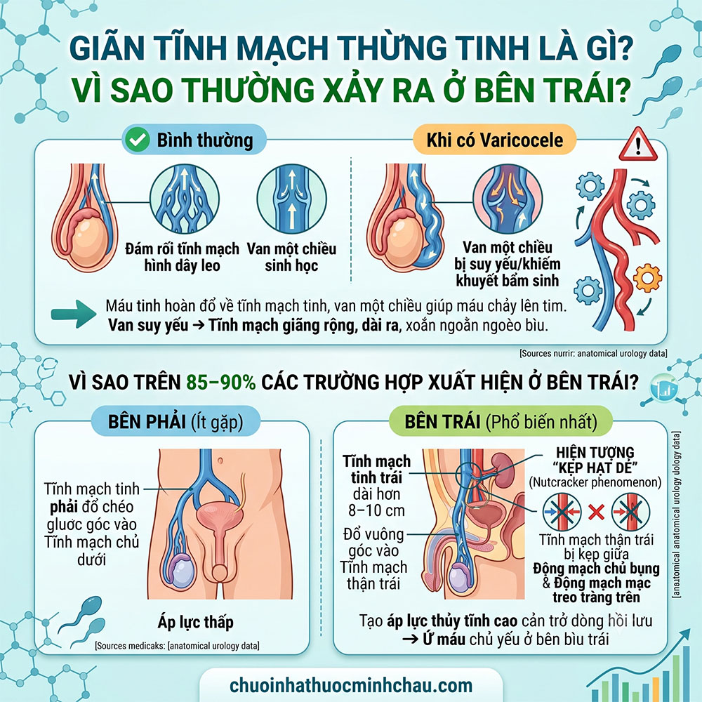 Giãn tĩnh mạch thừng tinh là gì - Cơ chế van một chiều và lý do trên 85-90% trường hợp xuất hiện ở bên trái do hiện tượng kẹp hạt dẻ
