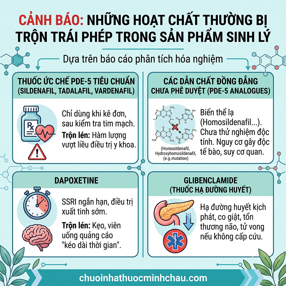 Cảnh báo các hoạt chất thường bị trộn trái phép trong sản phẩm sinh lý như PDE-5 Dapoxetine Glibenclamide