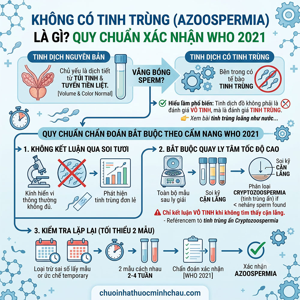 Không có tinh trùng azoospermia là gì - Quy chuẩn chẩn đoán ly tâm và phân biệt tinh trùng ẩn theo WHO 2021