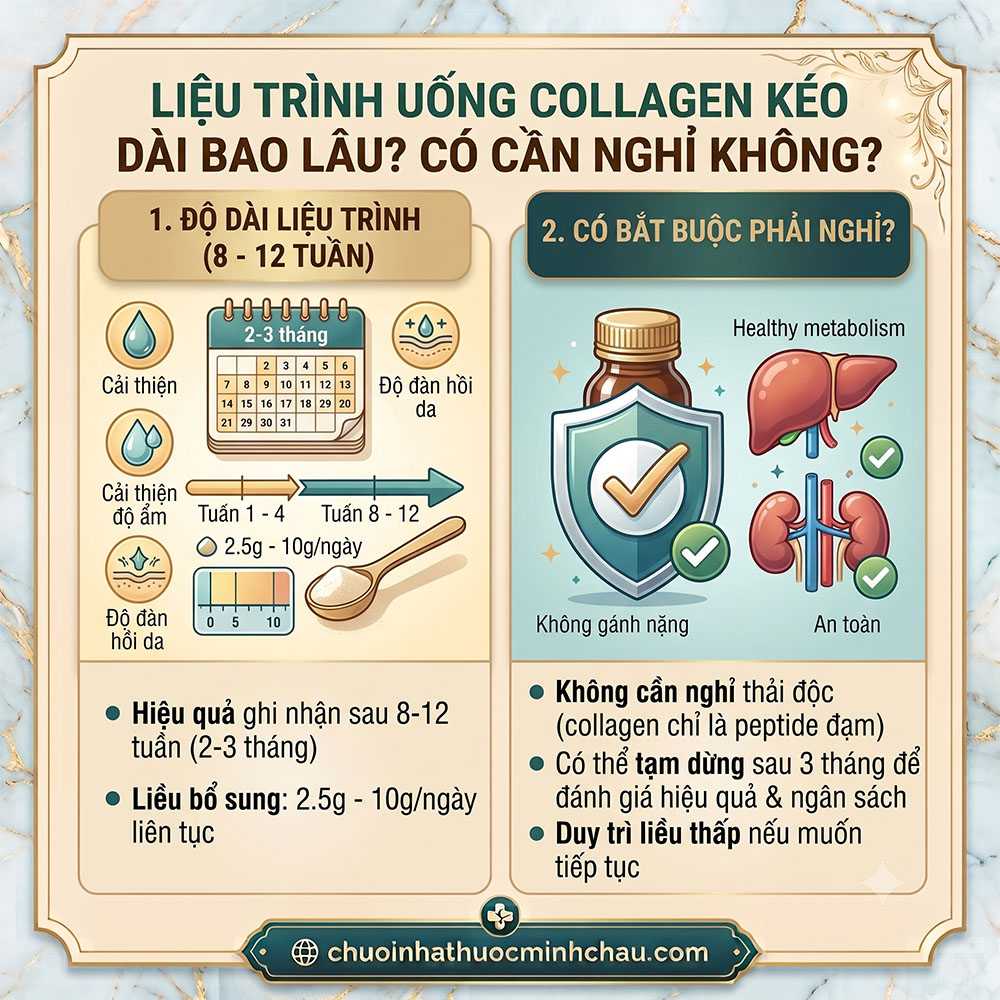Liệu trình uống collagen kéo dài bao lâu có cần nghỉ không phân tích thời gian 8 đến 12 tuần và đánh giá hiệu quả