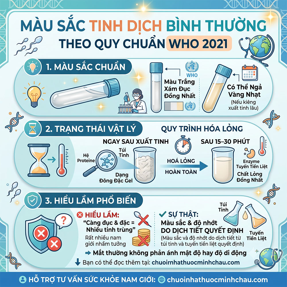 Màu sắc tinh dịch bình thường và quy trình hóa lỏng theo cẩm nang WHO 2021