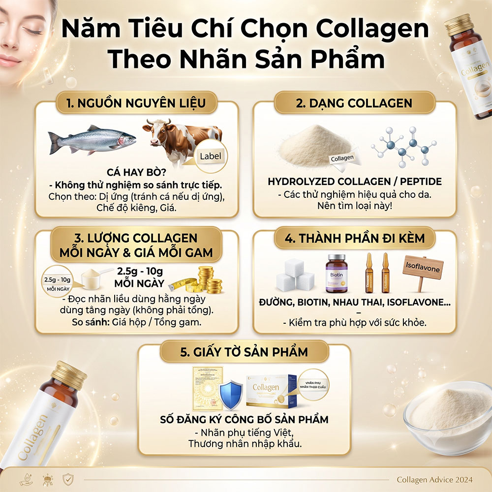 Năm tiêu chí chọn collagen theo nhãn sản phẩm nguồn nguyên liệu dạng peptide hàm lượng thành phần đi kèm và giấy phép