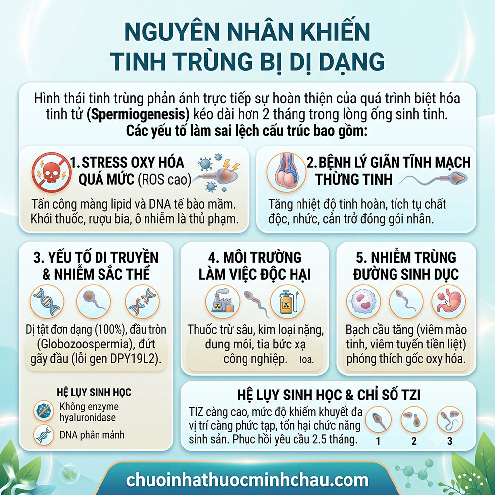 5 nguyên nhân khiến tinh trùng bị dị dạng gồm stress oxy hóa giãn tĩnh mạch thừng tinh di truyền môi trường và nhiễm trùng