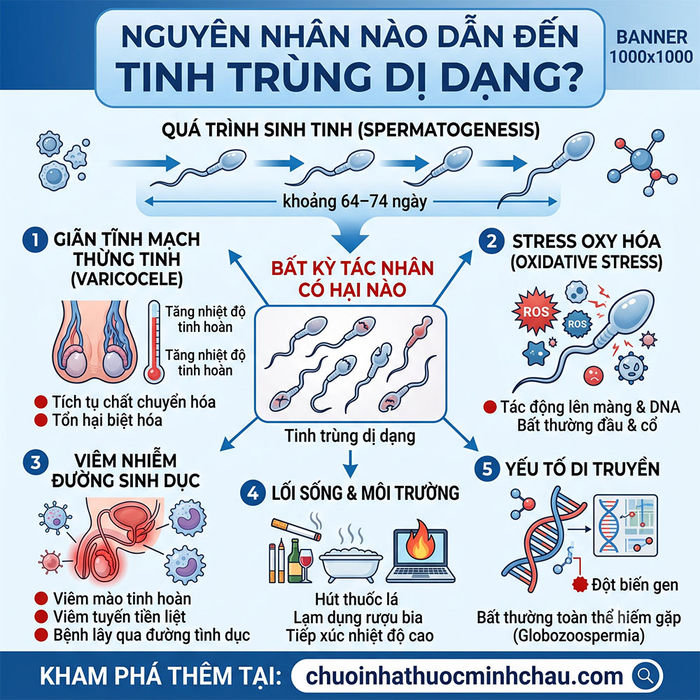 Nguyên nhân nào dẫn đến tinh trùng dị dạng trong chu kỳ sinh tinh 64 đến 74 ngày