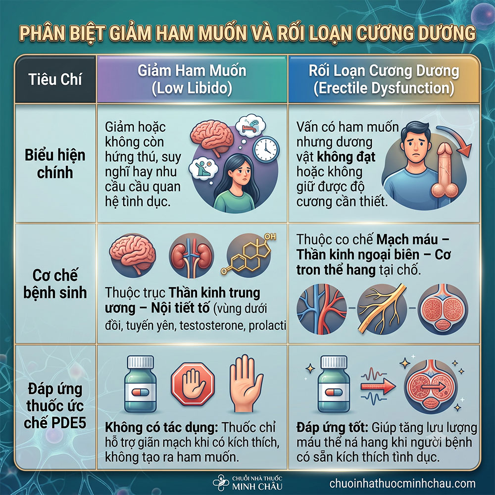 Bảng phân biệt giảm ham muốn và rối loạn cương dương qua cơ chế và đáp ứng thuốc