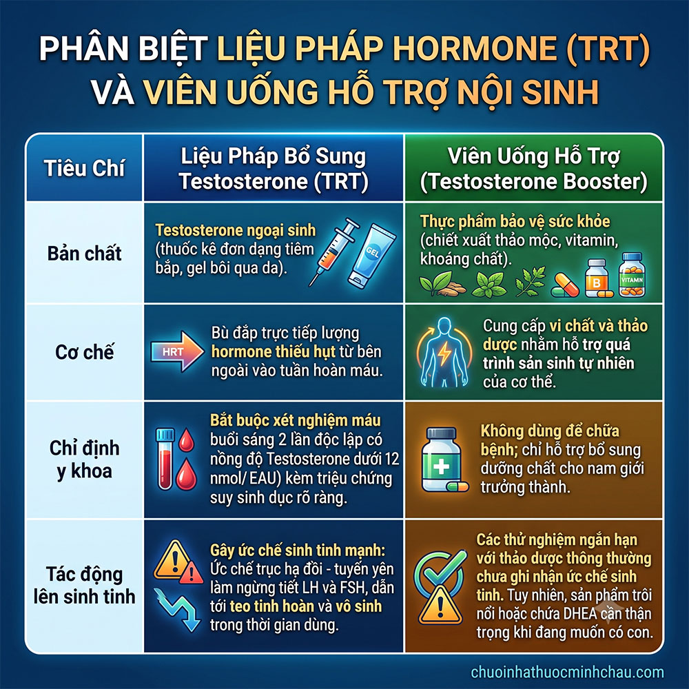 Phân biệt liệu pháp hormone TRT và viên uống hỗ trợ tăng testosterone nội sinh