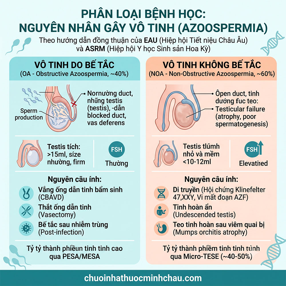 Phân loại vô tinh do bế tắc OA và không bế tắc NOA theo hướng dẫn EAU và ASRM