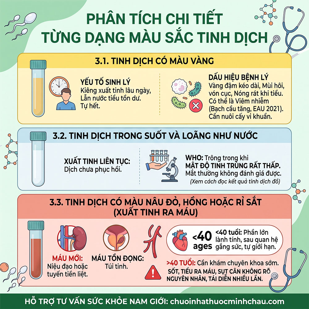 Phân tích chi tiết từng dạng màu sắc tinh dịch màu vàng trong suốt và nâu đỏ xuất tinh ra máu