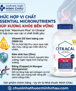 Phức hợp vi chất Vitamin D3 1000 IU, Kẽm, Đồng và Mangan trong canxi hữu cơ Citracal Maximum Plus 280 viên của Mỹ