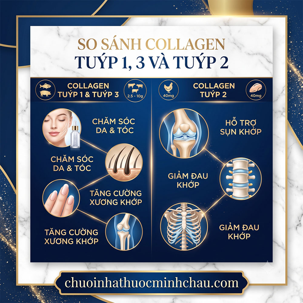 Bảng so sánh collagen tuýp 1, 3 và tuýp 2 về nguồn gốc, liều lượng và công dụng cho da tóc và sụn khớp