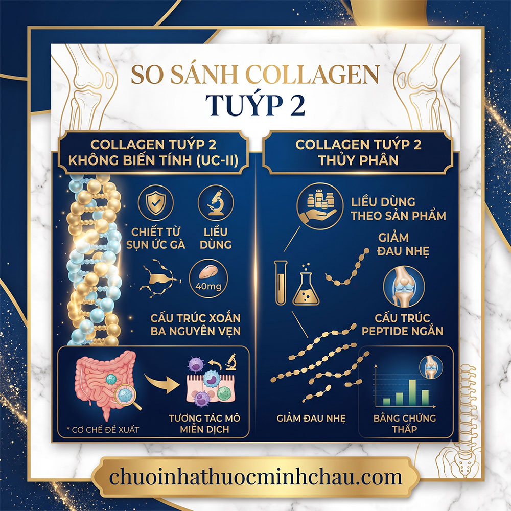 So sánh collagen tuýp 2 không biến tính UC-II và collagen tuýp 2 thủy phân về cấu trúc, cơ chế miễn dịch và liều dùng