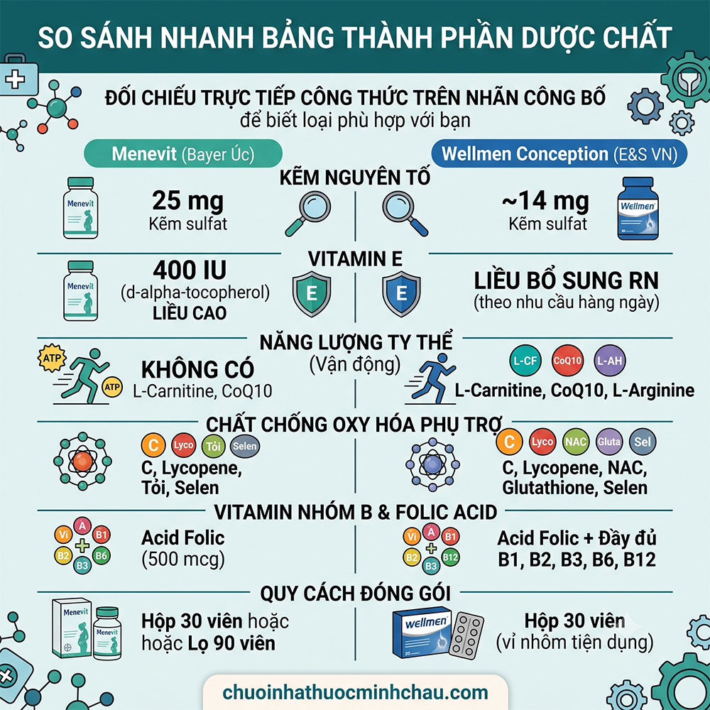 So sánh nhanh bảng thành phần dược chất giữa Menevit Bayer Úc và Wellmen Conception E&S Việt Nam