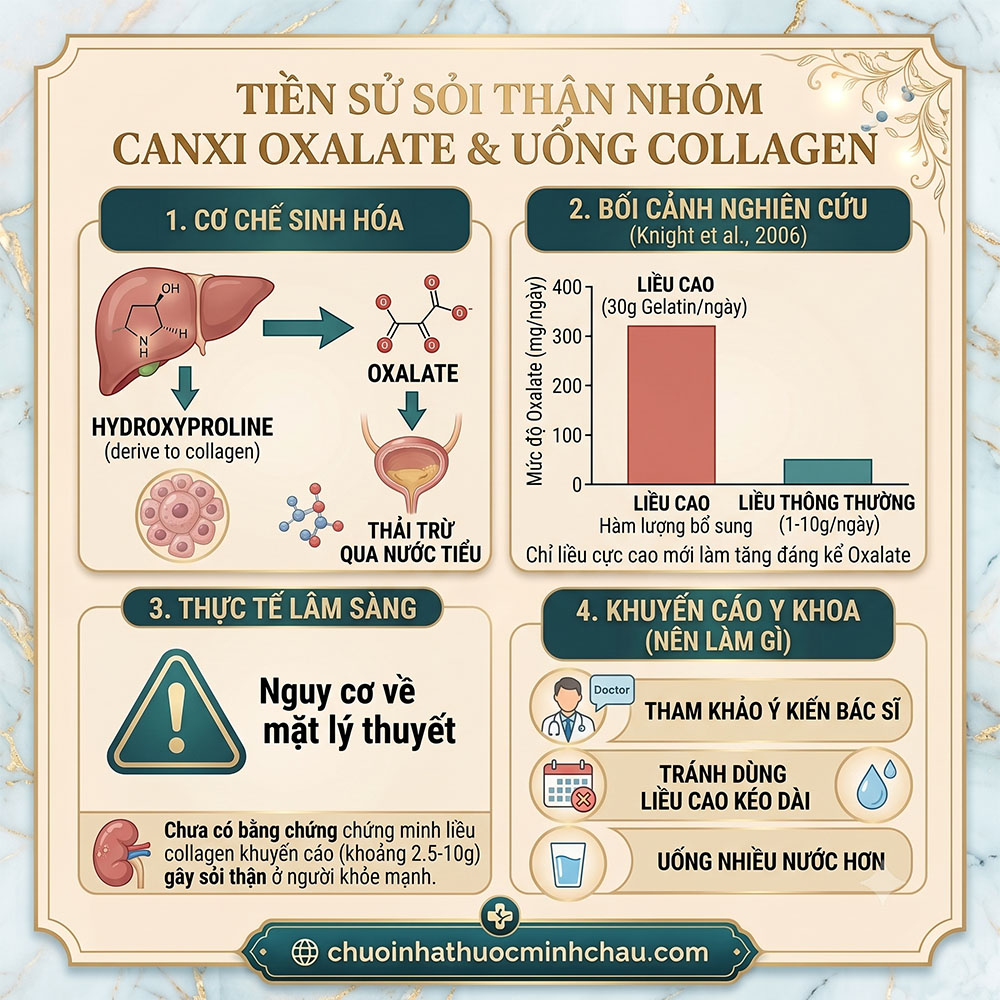 Tiền sử sỏi thận nhóm canxi oxalate và uống collagen cơ chế chuyển hóa hydroxyproline theo nghiên cứu Knight 2006