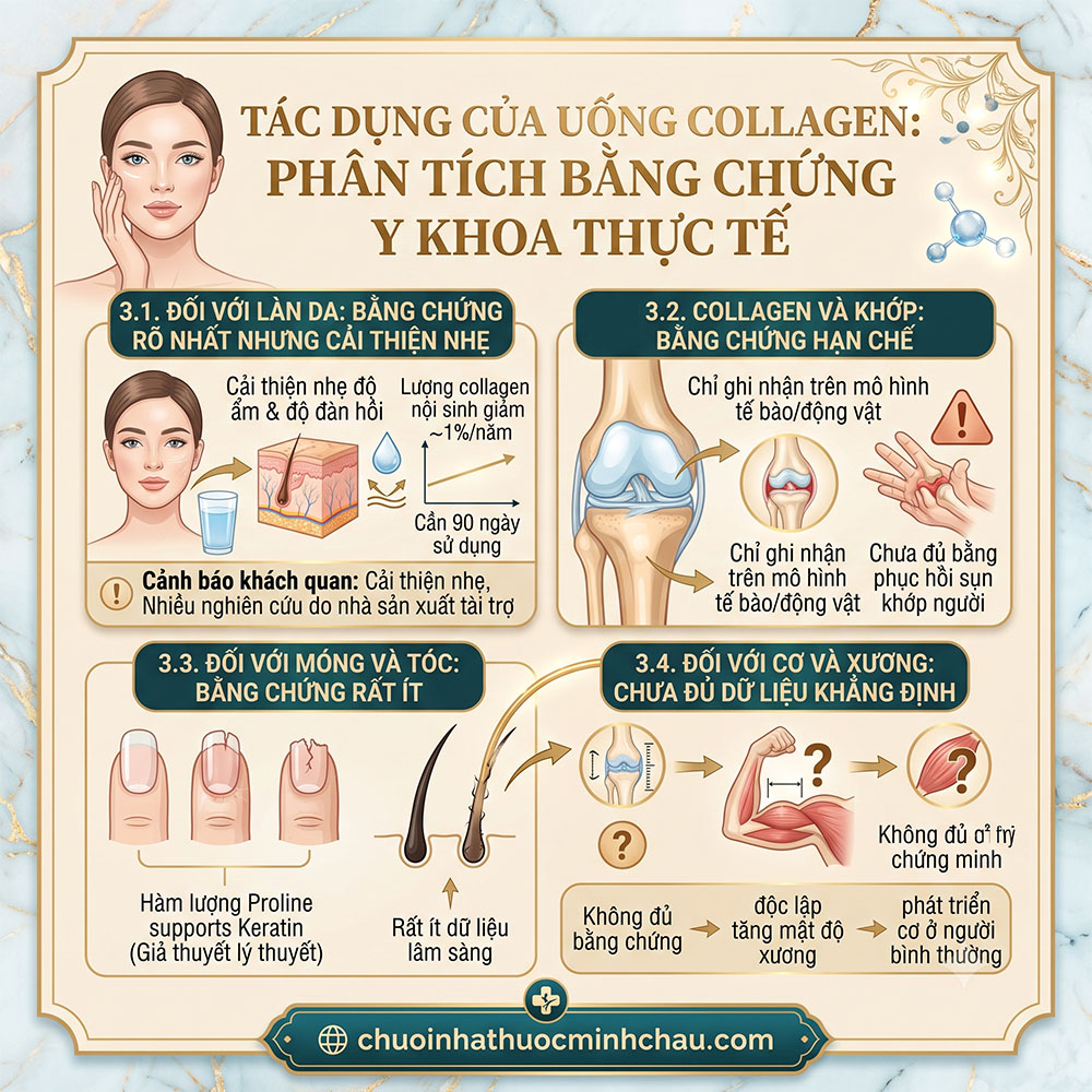 Tác dụng của uống collagen phân tích bằng chứng y khoa thực tế trên da sụn khớp móng tóc và cơ xương