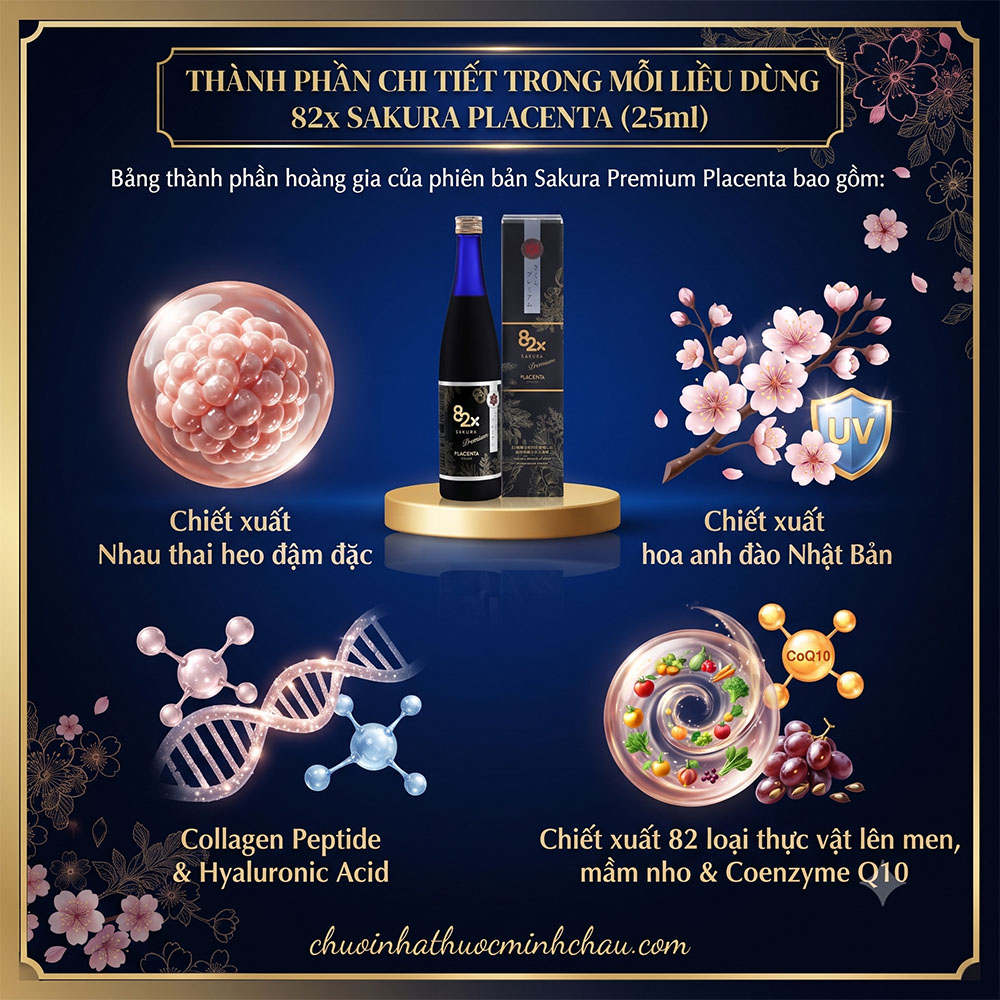 Chi tiết thành phần dưỡng chất trong mỗi liều dùng nước uống 82x Sakura Premium Placenta 500ml Nhật Bản