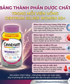 Bảng thành phần dược chất Canxi Vitamin D3 chống loãng xương trong Centrum Silver Women 50+ của Mỹ