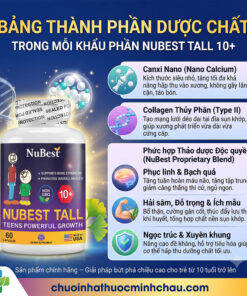 Bảng thành phần dược chất Canxi Nano Collagen thủy phân Type 2 và thảo dược quý trong viên uống NuBest Tall 10+ của Mỹ
