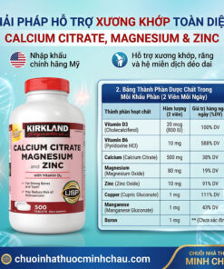 Bảng thành phần dược chất Canxi Citrate Magie D3 và Kẽm trong viên uống Kirkland 500 viên của Mỹ