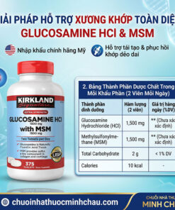 Bảng thành phần dược chất Glucosamine HCl 1500mg và MSM 1500mg trong viên uống Kirkland 375 viên của Mỹ