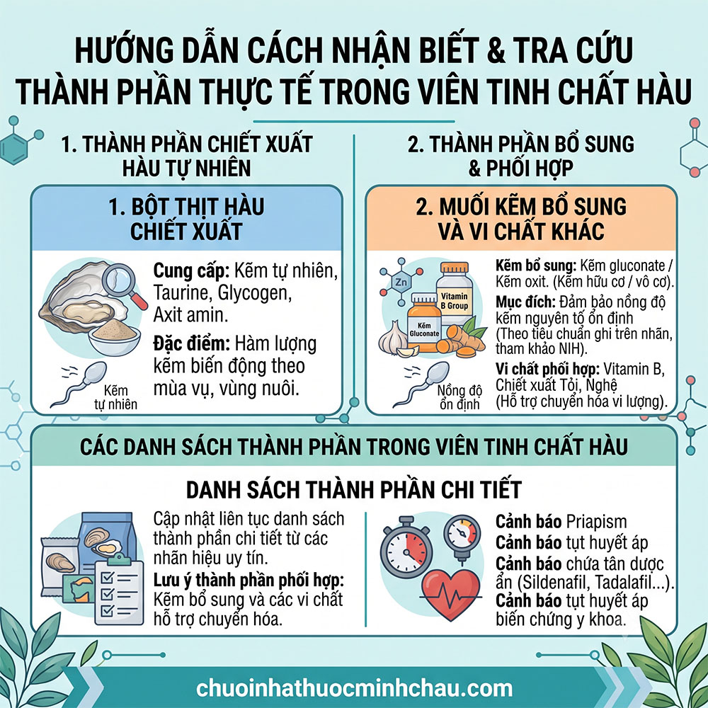 Thành phần thực tế trong viên tinh chất hàu gồm bột chiết xuất hàu tự nhiên và muối kẽm bổ sung