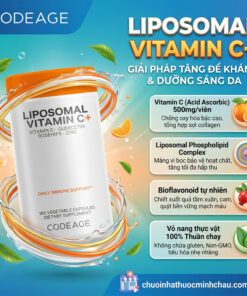 Bảng thành phần công nghệ Codeage Liposomal Vitamin C 180 viên gồm Vitamin C 500mg màng bọc Liposome Bioflavonoid tự nhiên và vỏ nang thuần chay