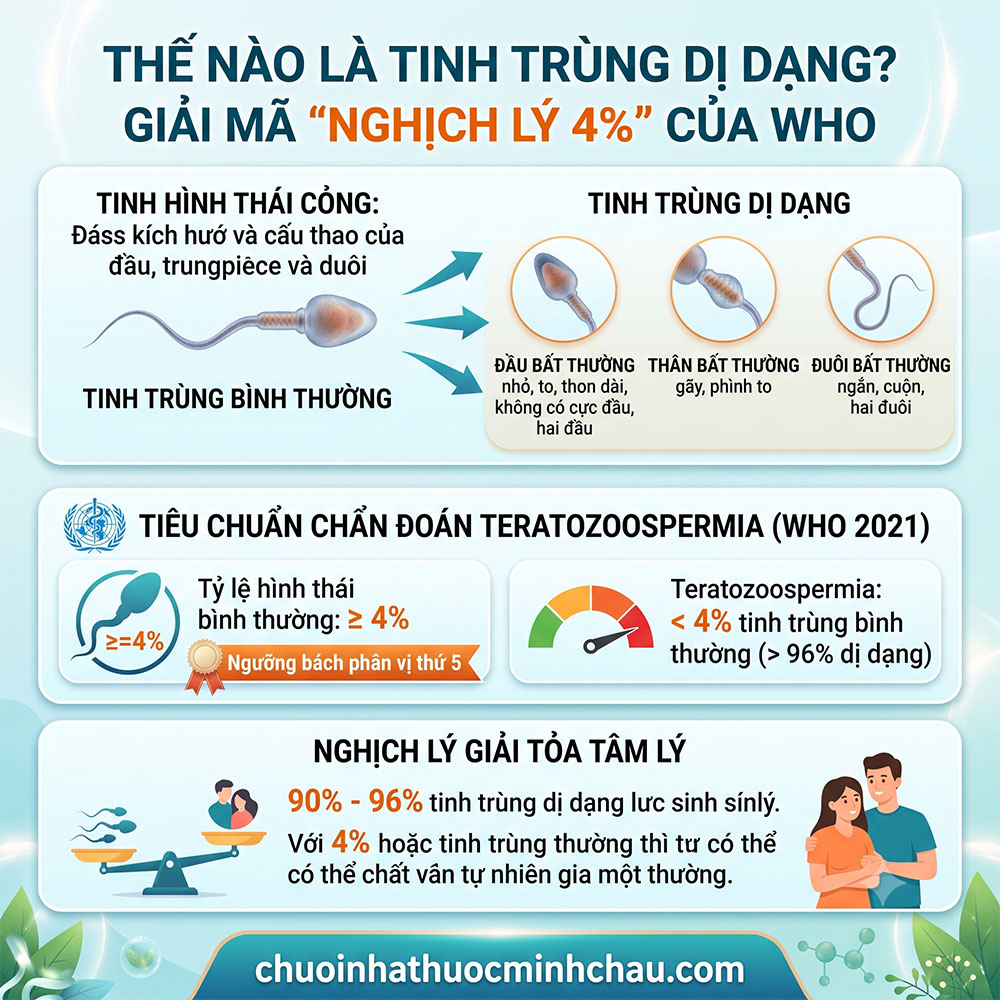Thế nào là tinh trùng dị dạng - Giải mã nghịch lý 4% theo tiêu chuẩn Kruger WHO 2021 và các dạng khiếm khuyết đầu thân đuôi