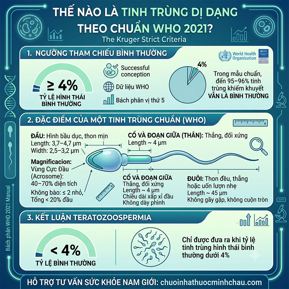Thế nào là tinh trùng dị dạng theo chuẩn WHO 2021 - Tiêu chuẩn Kruger và kích thước tinh trùng chuẩn