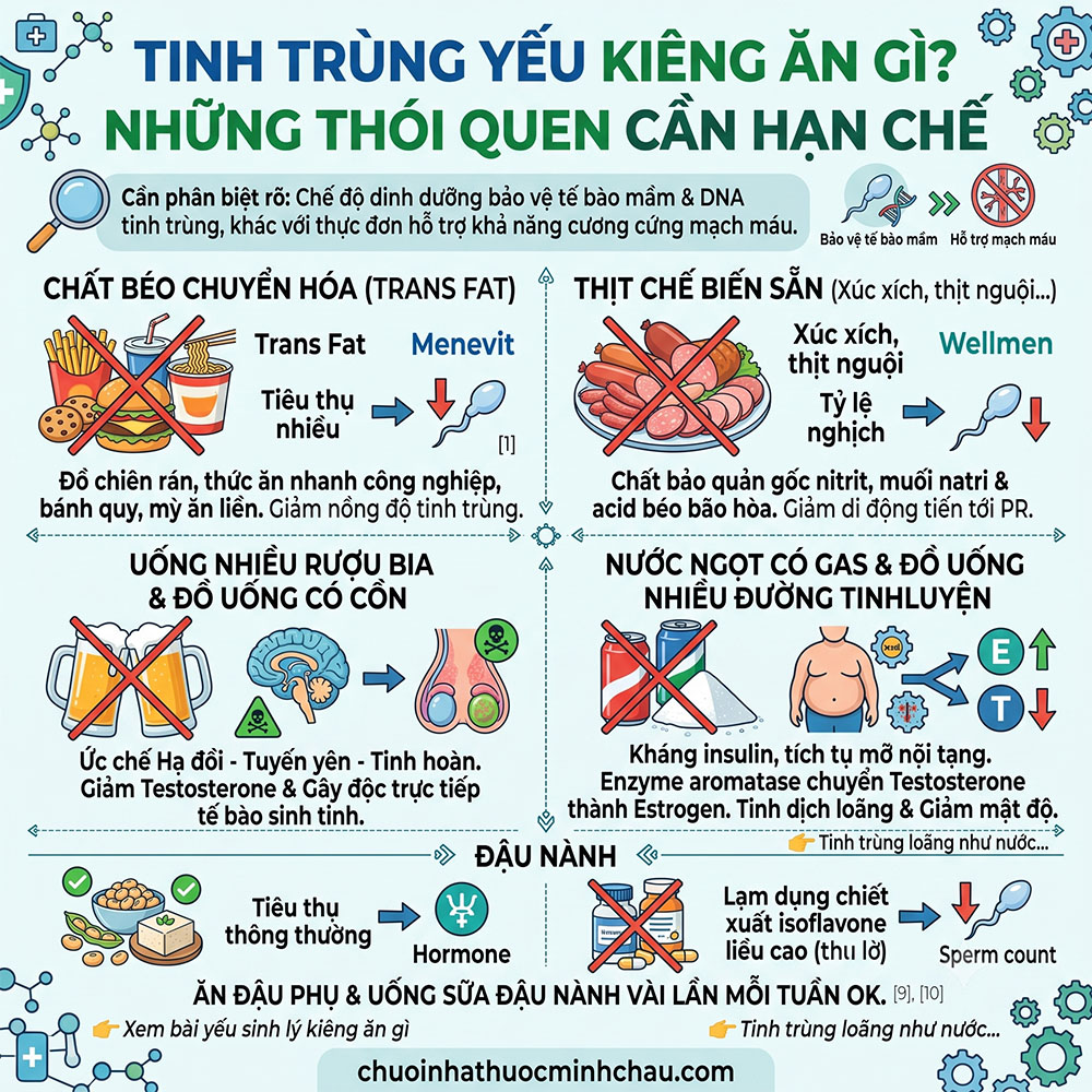 Tinh trùng yếu kiêng ăn gì và những thói quen cần hạn chế gồm trans fat thịt chế biến sẵn rượu bia và nước ngọt có gas