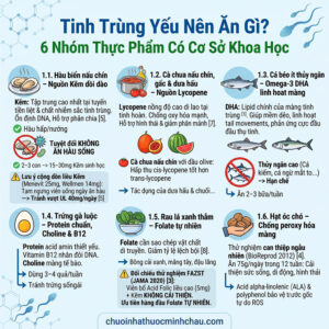 Tinh trùng yếu nên ăn gì - 6 nhóm thực phẩm có cơ sở khoa học gồm hàu nấu chín cà chua cá béo trứng gà rau xanh và hạt óc chó