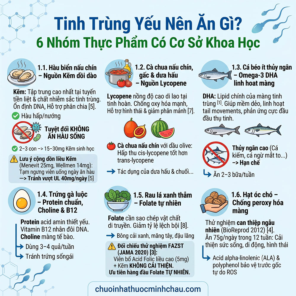 Tinh trùng yếu nên ăn gì - 6 nhóm thực phẩm có cơ sở khoa học gồm hàu nấu chín cà chua cá béo trứng gà rau xanh và hạt óc chó