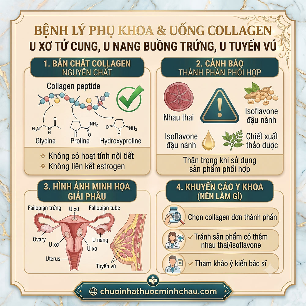 Bị u xơ tử cung u nang buồng trứng u tuyến vú có uống được collagen không và cảnh báo thành phần nhau thai isoflavone