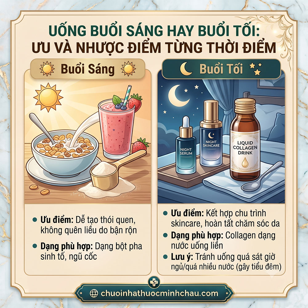 Uống collagen buổi sáng hay buổi tối ưu và nhược điểm từng thời điểm dạng bột pha sinh tố hay collagen nước