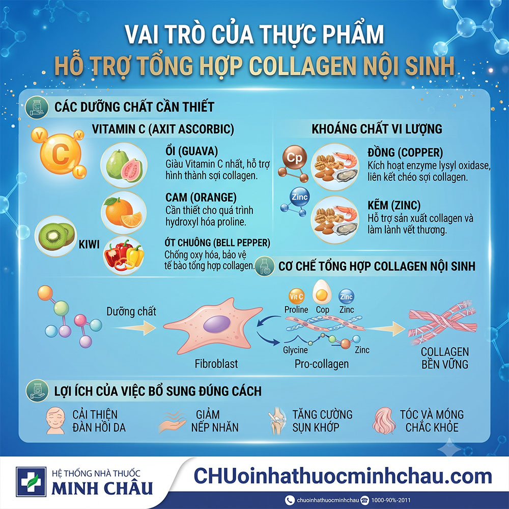 Vai trò của thực phẩm hỗ trợ tổng hợp collagen nội sinh vitamin c đồng kẽm và cơ chế tạo sợi collagen